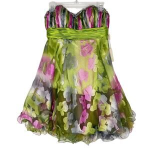 NEW JASZ COUTURE Strapless Floral Green Purple Beaded Empire Short Dress Size 8